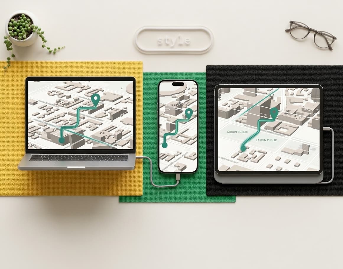 Un ordinateur portable, un téléphone et une tablette posés côte à côte sur des tapis jaune, vert et noir, chacun affichant la même carte en relief avec le même itinéraire et le même point d'arrivée.